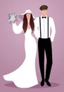 Young couple of newlyweds wearing wedding clothes. Hipster style Wide-brimmed hat for her and beret