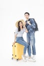 Young couple packing for vacation travel on isolated. Young Asian man and women are preparing for the journey happily on white Royalty Free Stock Photo