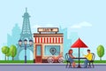 Young couple in Paris street cafe vector flat illustration. Man and woman drinking coffee on romantic dating.