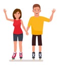 Young couple in park ride rollerblades isolated in a white background. Summer vacation. Cartoon vector character Royalty Free Stock Photo