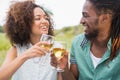 Young couple on a picnic drinking wine Royalty Free Stock Photo