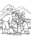 Young couple planting red maple tree. Outdoors gardening concept. Illustration drawing black and white