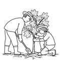 Young couple planting red maple tree. Outdoors gardening concept. Illustration drawing black and white
