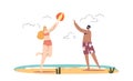 Young couple play beach volleyball. Man and woman enjoy active summer game at sea resort Royalty Free Stock Photo