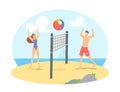 Young Couple Playing Beach Volleyball on Sea Shore Throw Ball to Each Other. Happy Family Wife and Husband Leisure Royalty Free Stock Photo