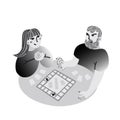 A young couple plays board games at home. Black and white graphics. Vector Royalty Free Stock Photo
