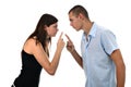 Young couple points fingers at each other isolated