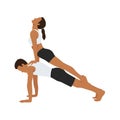 Young couple practicing yoga together, upward facing dog on top of plank pose