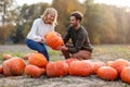 Young couple in pumpkin patch field Royalty Free Stock Photo