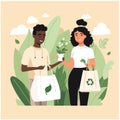 young couple with recycle bags, carrying plants Royalty Free Stock Photo