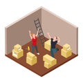 Young couple rejoices moving isometric vector concept
