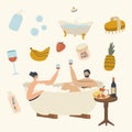 Young Couple Relax in Bath with Foam Drinking Wine Man and Woman Characters Taking Sauna and Spa Water Procedure, Date Royalty Free Stock Photo