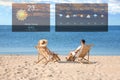 Couple relaxing in deck chairs on beach and weather forecast widgets. Mobile application