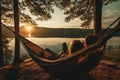 Young couple relaxing in hammock on a lake shore at sunset, A person wearing virtual reality glasses, immersed in a futuristic, Royalty Free Stock Photo