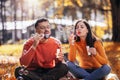 Couple relaxing in the park with bubble blower Royalty Free Stock Photo