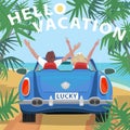 Young couple in retro cabriolet car on beach