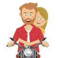 Young couple riding motorcycle smiling