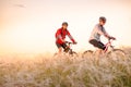 Young Couple Riding Mountain Bikes in the Beautiful Field of Feather Grass at Sunset. Adventure and Family Travel. Royalty Free Stock Photo