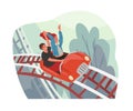 Young couple riding roller coaster car in amusement park. Happy people on top of rollercoasters. Freedom and success