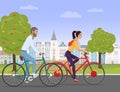 Young couple riding a sport bikes on a park road on the old city background. People bicycle Vector illustration. Royalty Free Stock Photo
