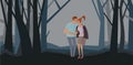 A young couple on a romantic walk in a dark forest. A night date. Vector illustration, isolated on white. Royalty Free Stock Photo