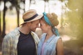 Young couple rubbing noses at olive farm Royalty Free Stock Photo