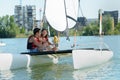 young couple on sailing boat Royalty Free Stock Photo