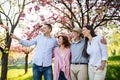 Young couple with senior parents walking outside in spring nature.