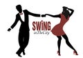 Young couple silhouette dancing swing, lindy hop or rock and roll