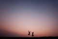 Young couple silhouette jumping outdoors at sunset dramatic