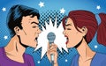 Young couple singing with microphone characters pop art style
