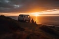 young couple sits on a hill above the sea next to their travel minivan vehicle at sunset, neural network generated