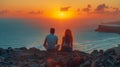 Young Couple Enjoys a Stunning Sunset Overlooking the Sea Royalty Free Stock Photo