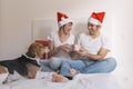 young couple sitting on bed with christmas santa hats having fun with their dog. Presents on bed. Home, indoors. Xmas concept Royalty Free Stock Photo