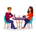 A young couple sitting behind a table in a cafe isolated on white background Royalty Free Stock Photo