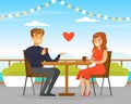 Young Couple Sitting in Cafe Outdoors, Man and Woman Having Romantic Date Cartoon Vector Illustration Royalty Free Stock Photo