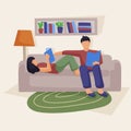 A young couple sitting on the couch in the living room. They are reading paper books. Love and relationships. Learning at home,