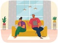 Young couple sitting on couch quarreling at home. Angry man and woman couple in bad relationship Royalty Free Stock Photo