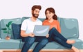 young couple sitting on couch and using laptop at home, in the style of hd mod, joyful and optimistic.