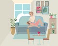 Young couple sitting in cozy room.Flat style