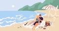 Young couple sitting and relaxing on picnic blanket at seaside. People hugging and drinking wine on beach by sea