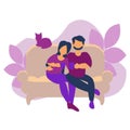 Young couple sitting on yellow sofa with cat Flat vector illustration Royalty Free Stock Photo