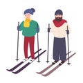 Young couple skiing together. Happy smiling man and woman on skis. Winter sports and recreational activity. Cute cartoon Royalty Free Stock Photo