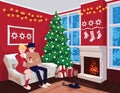 Young couple on sofa and cat in decorated guest room interior with a fireplace. Family celebration. Christmas tree Royalty Free Stock Photo