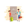 Young couple standing in front of the door of the hotel room vector Illustration on a white background Royalty Free Stock Photo