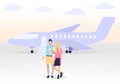 Young couple is standing near plane is ready ti fly. He hugs her