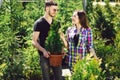 Young couple standing together, holding a pot with a small fir tree and looking at a plant in the garden center Royalty Free Stock Photo