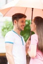 Young couple standing under umbrella and smiling.