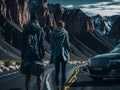 Young couple stands with car on the road surrounded by the serene beauty of nature with mountains towering in the background.