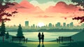 Young couple stands hand in hand, gazing upon cityscape at sunset